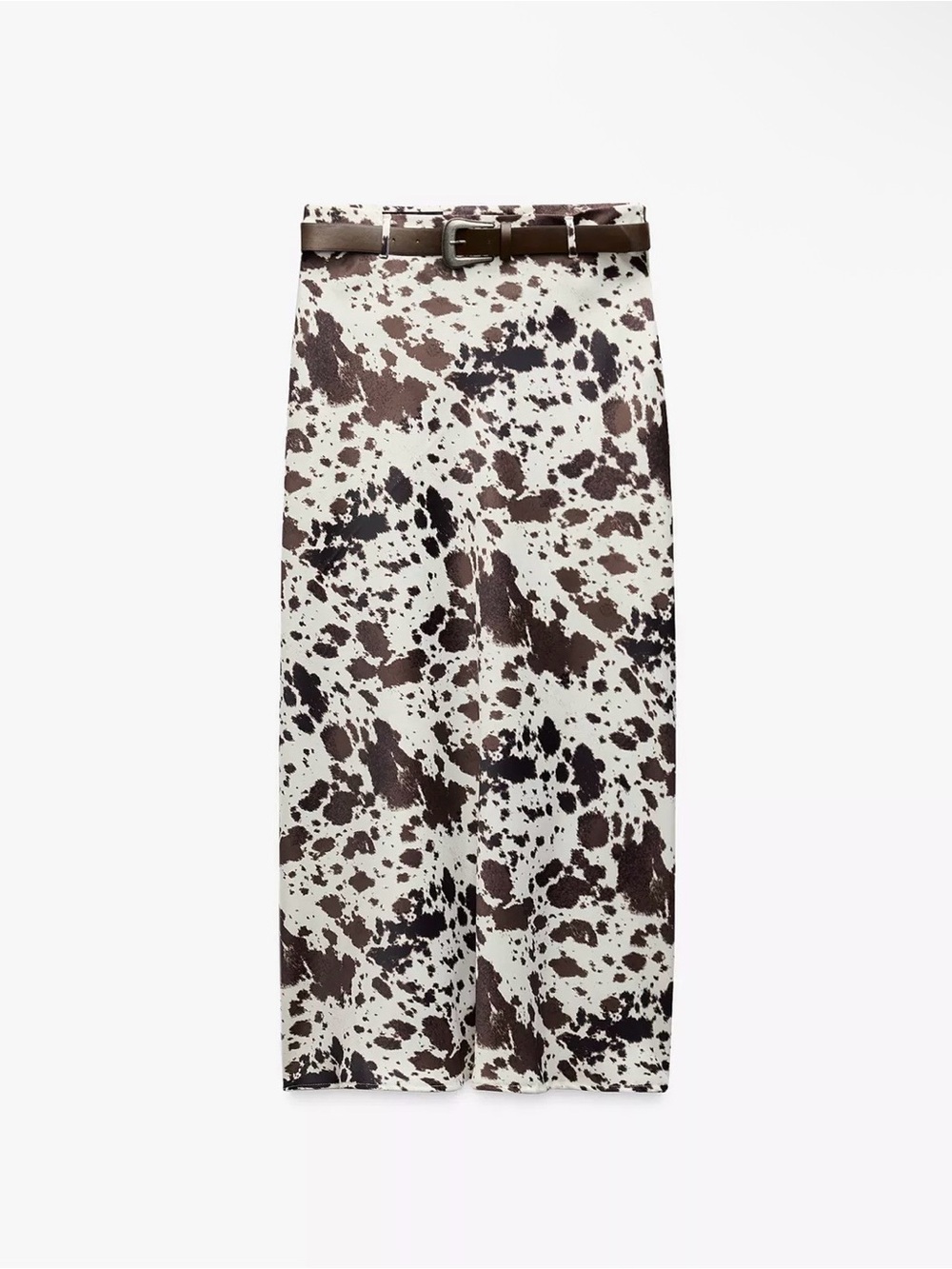 Zara Brown and White Cow-Print Midi Skirt with Belt
